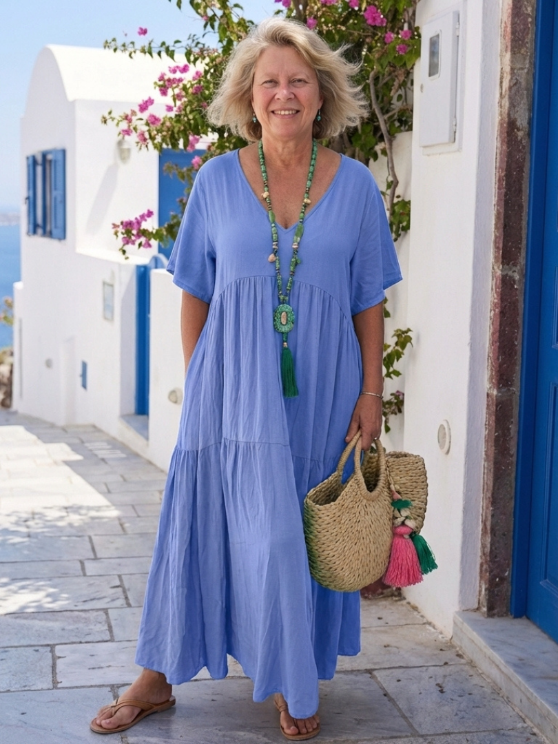 Zinnia | Vestido Largo Azul de Manga Corta con Volantes