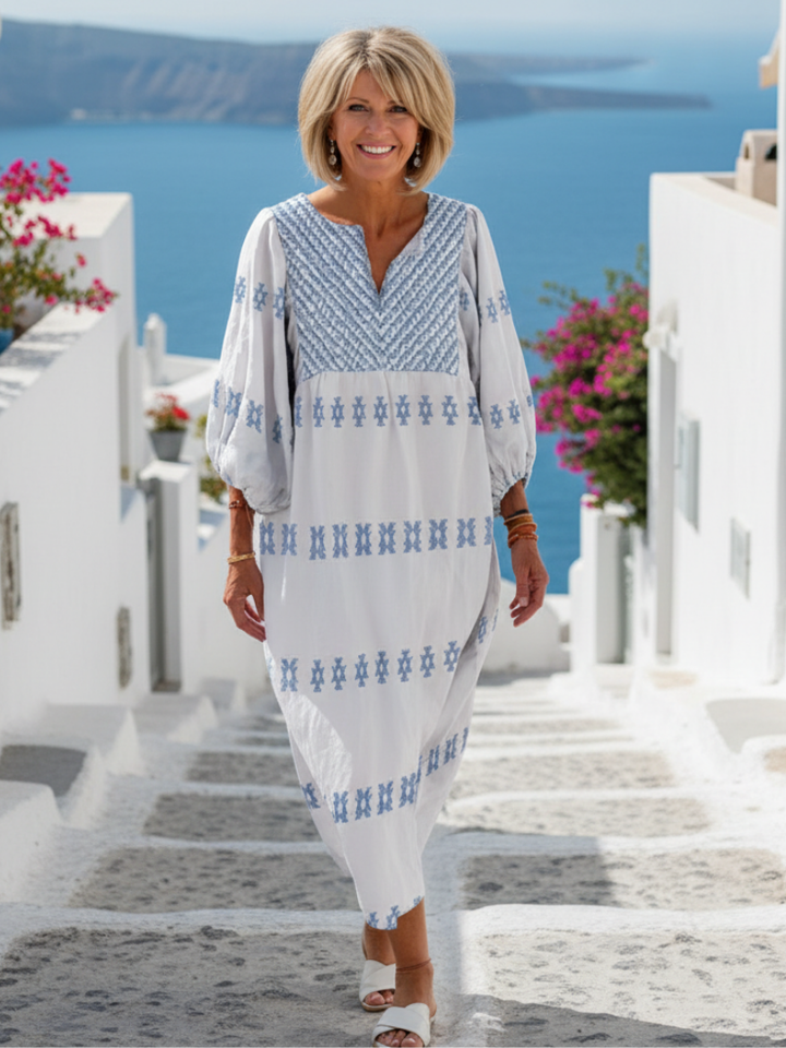 Evadne | Vestido largo de manga larga con bordado y escote en V