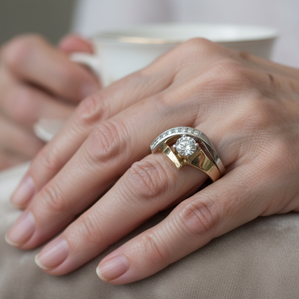 Anillo vintage irregular en oro y plata con zircón