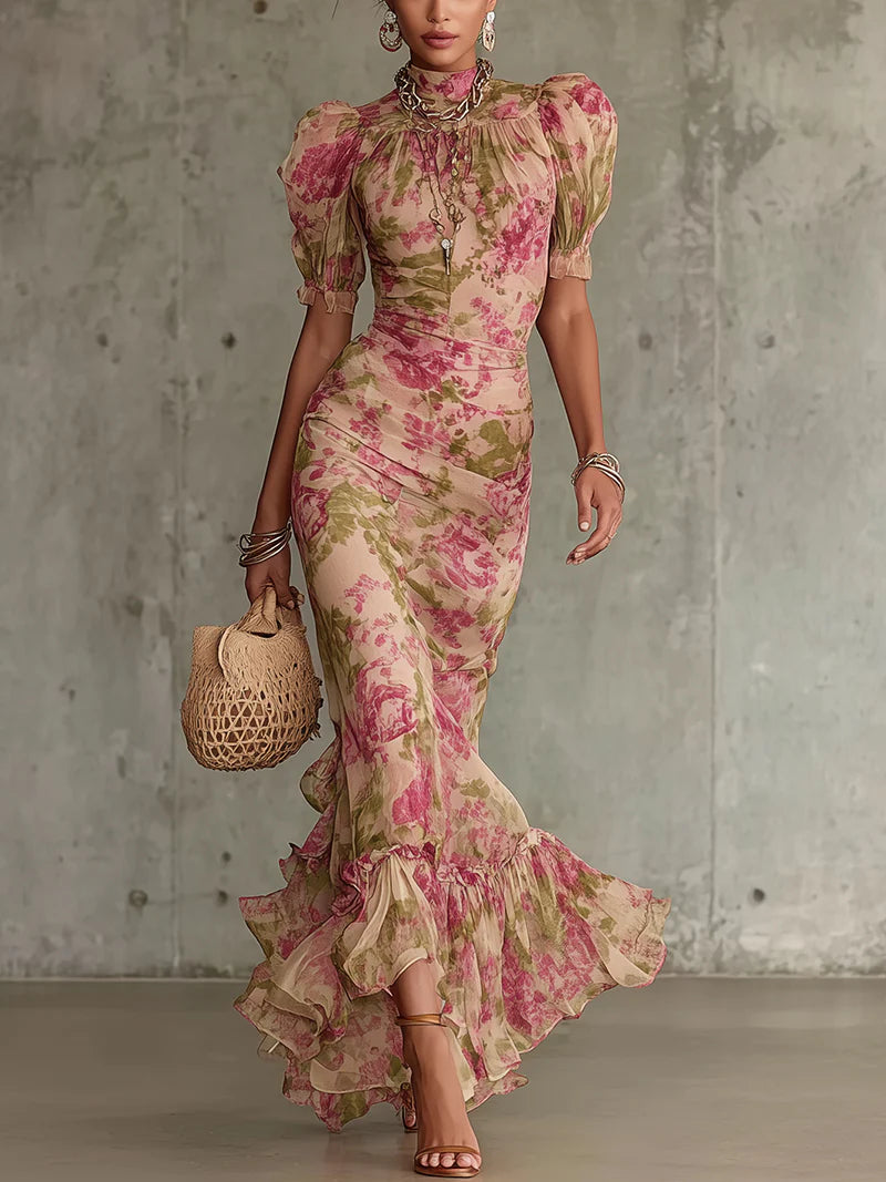 Jill - Vestido maxi con mangas abullonadas y estampado de rosas vintage