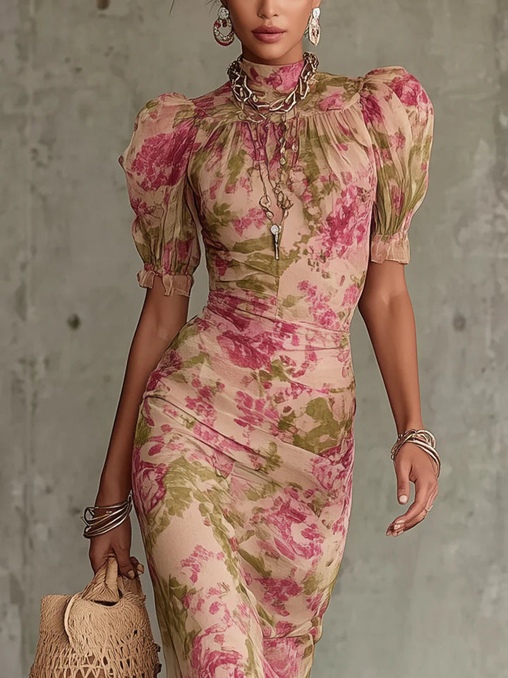 Jill - Vestido maxi con mangas abullonadas y estampado de rosas vintage