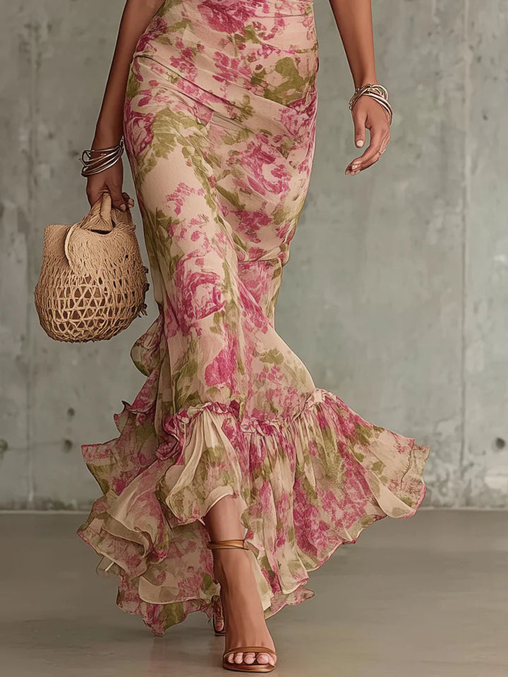Jill - Vestido maxi con mangas abullonadas y estampado de rosas vintage