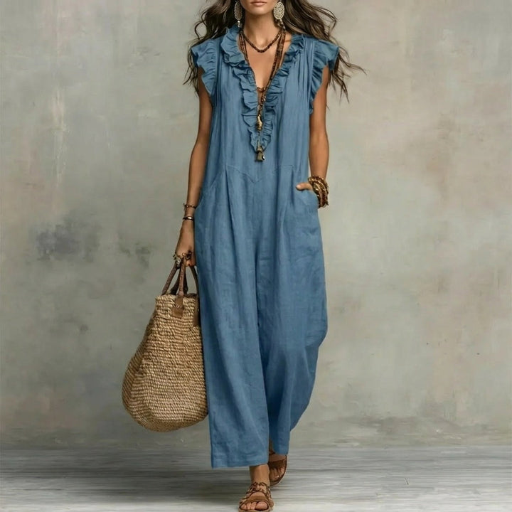 Josefina | Vestido Largo de Lino Texturizado con Escote en V y Detalles de Volantes