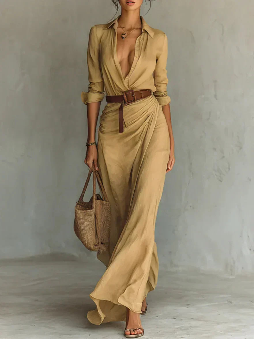 Maxi Vestido Camisa para Mujeres con Fruncidos, Cinturón, Manga Larga y Botones Frontales