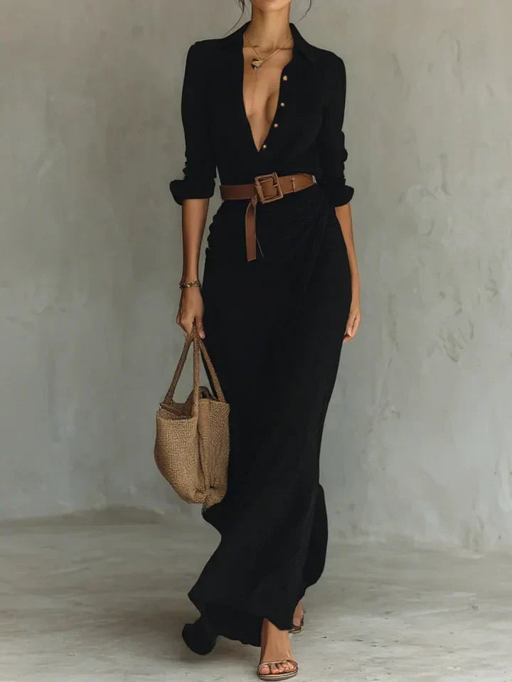 Maxi Vestido Camisa para Mujeres con Fruncidos, Cinturón, Manga Larga y Botones Frontales