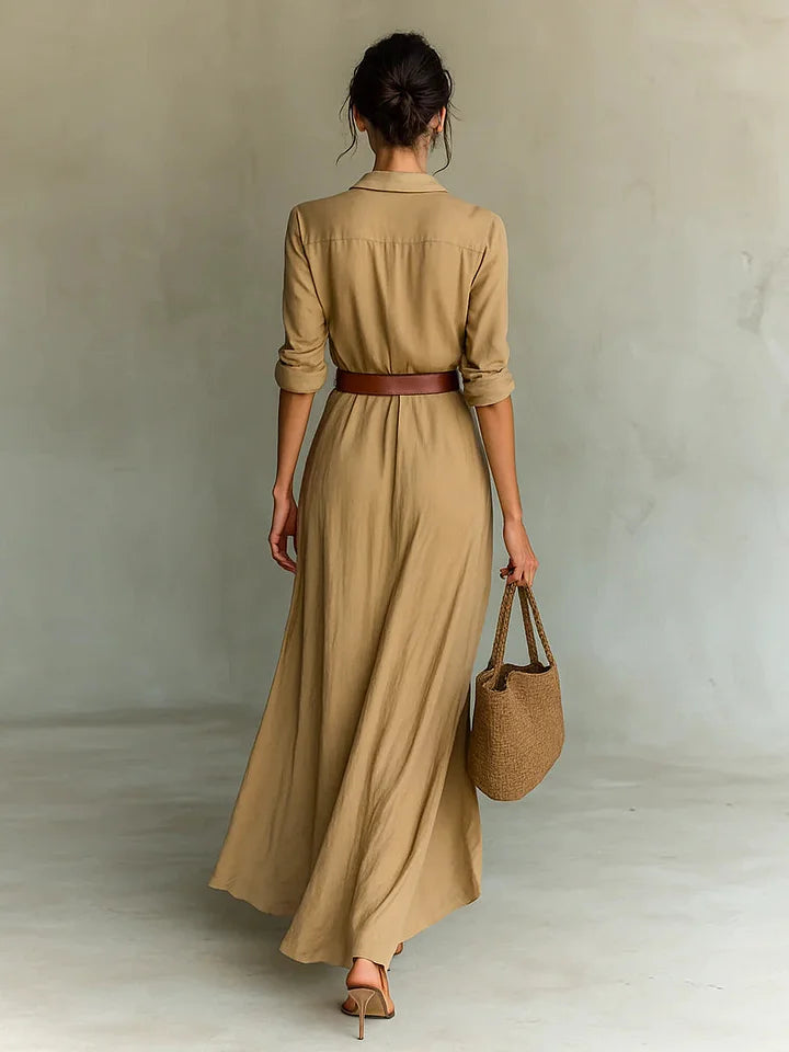 Maxi Vestido Camisa para Mujeres con Fruncidos, Cinturón, Manga Larga y Botones Frontales