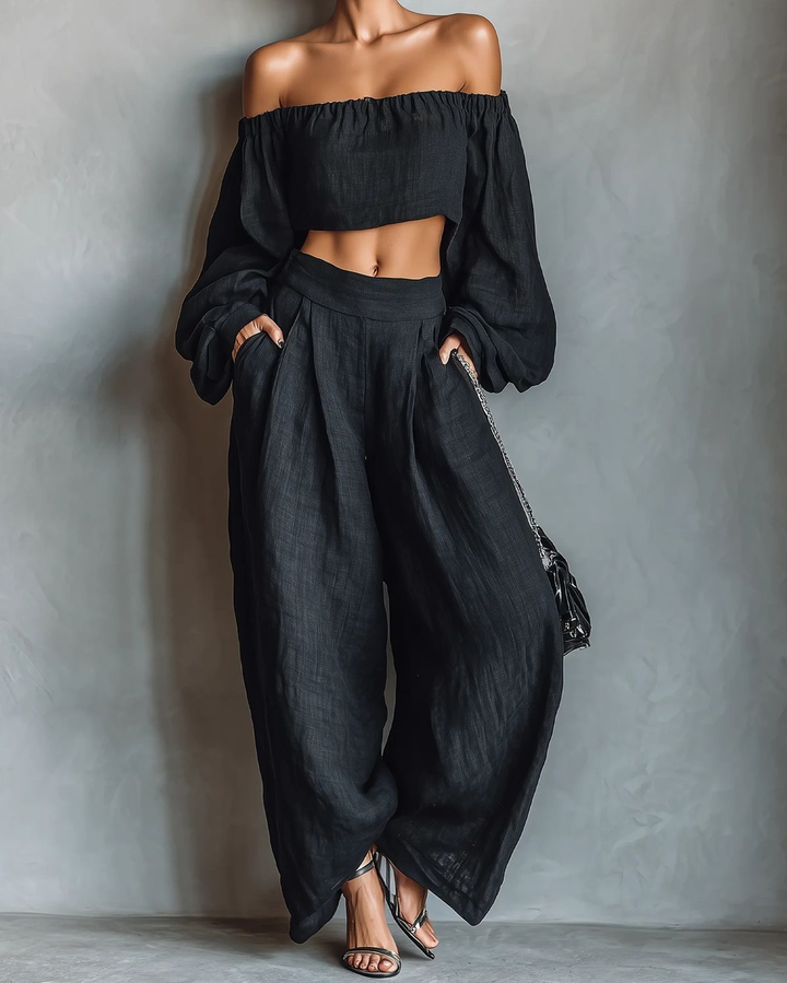 Tess™ | Conjunto de hombros al descubierto con pantalón ancho