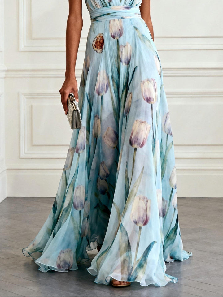 Nerea - Elegante Vestido Maxi con Cuello en V y Estampado de Tulipanes