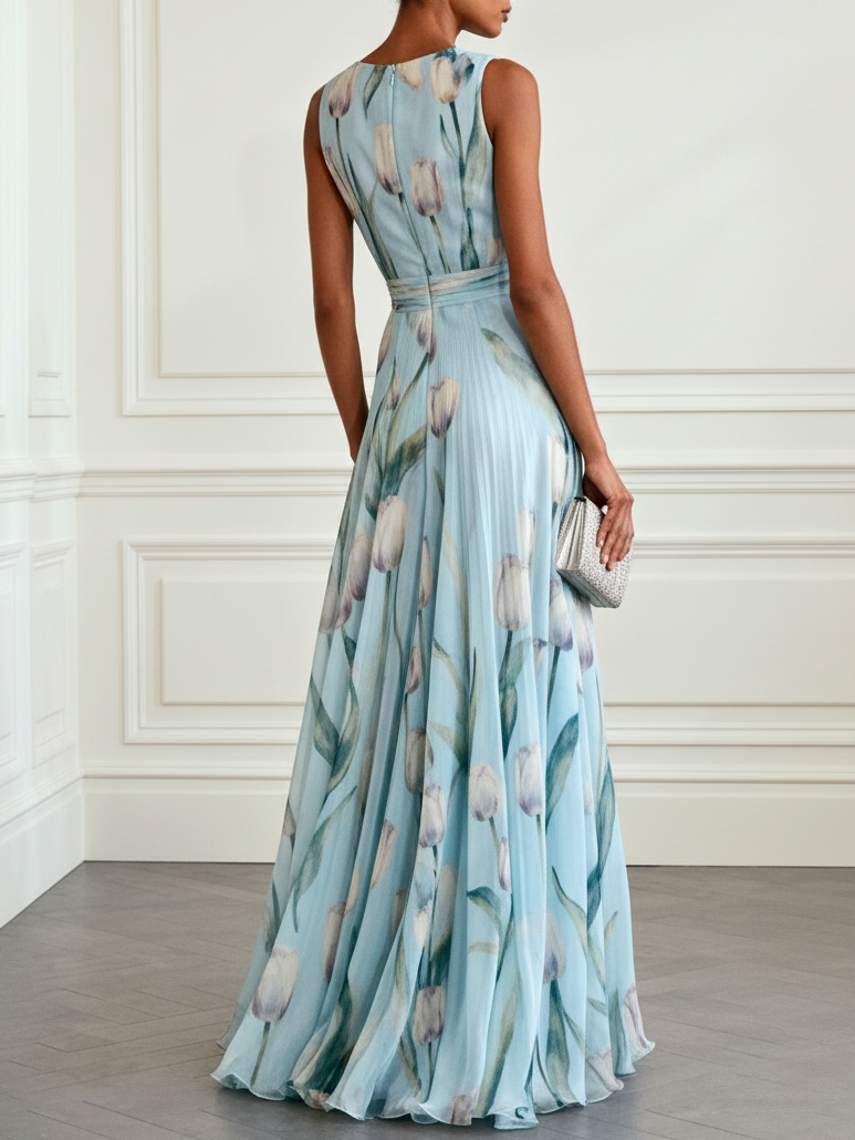 Nerea - Elegante Vestido Maxi con Cuello en V y Estampado de Tulipanes
