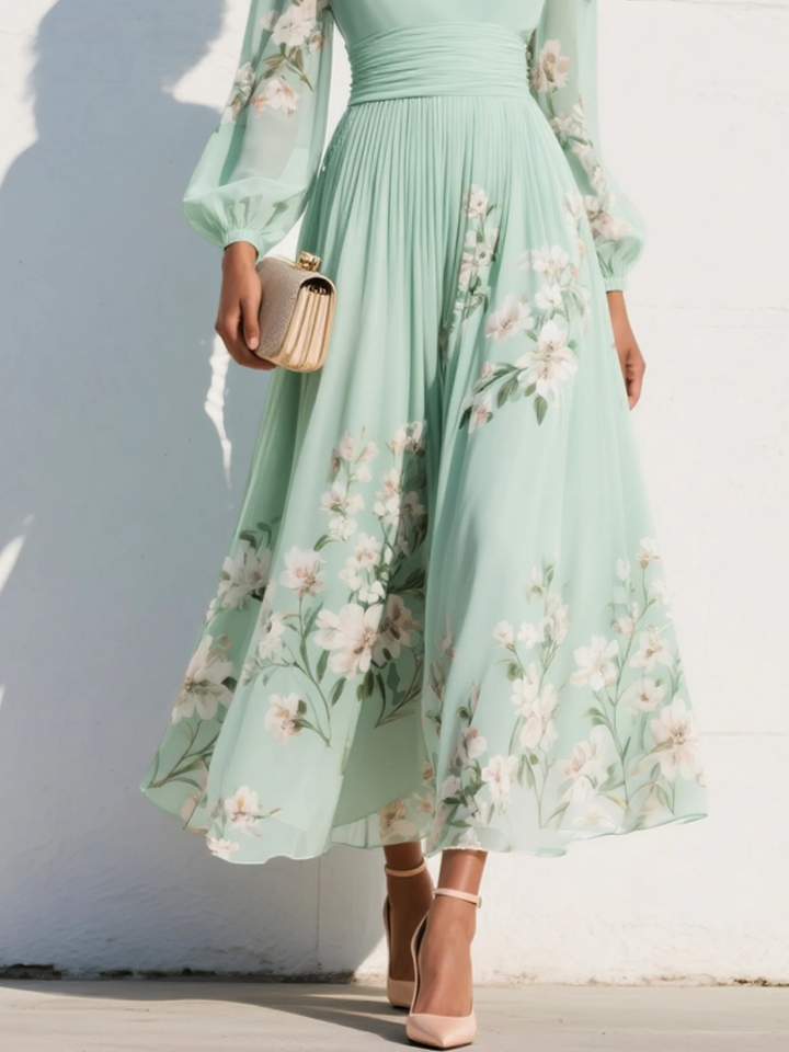 Anastasia™ | Vestido midi de gasa con escote en V y estampado floral verde claro