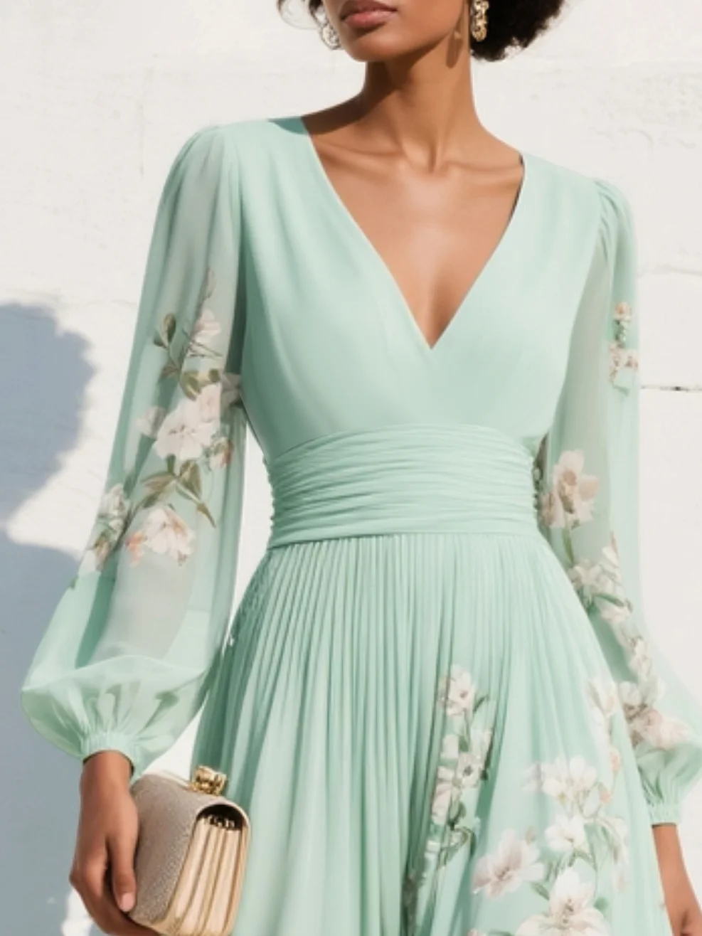 Anastasia™ | Vestido midi de gasa con escote en V y estampado floral verde claro