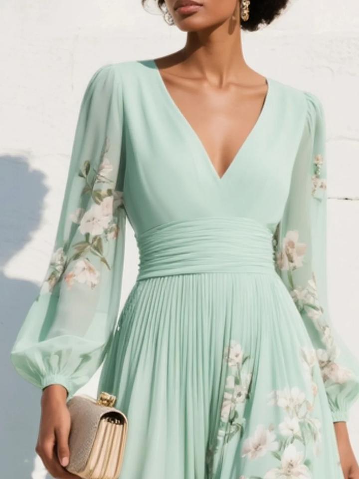 Anastasia™ | Vestido midi de gasa con escote en V y estampado floral verde claro
