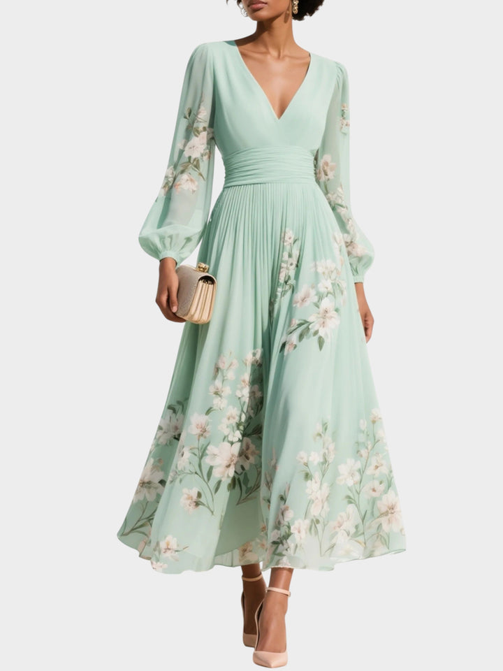 Anastasia™ | Vestido midi de gasa con escote en V y estampado floral verde claro