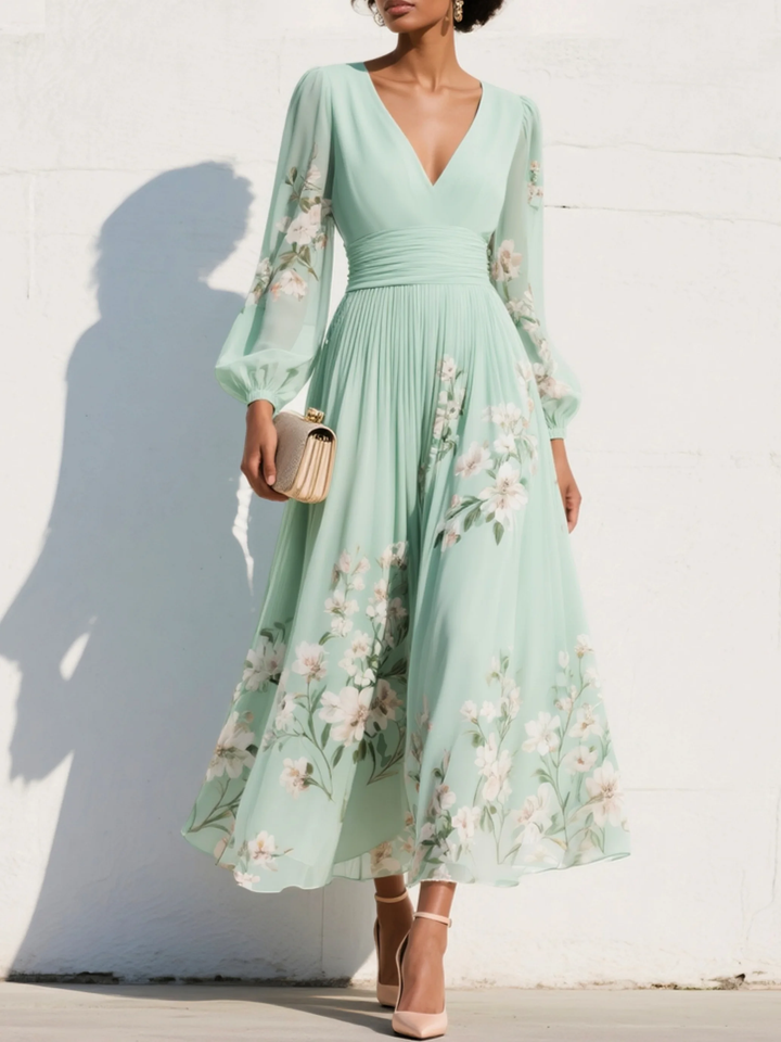 Vestido midi de gasa verde claro con estampado floral y escote en V