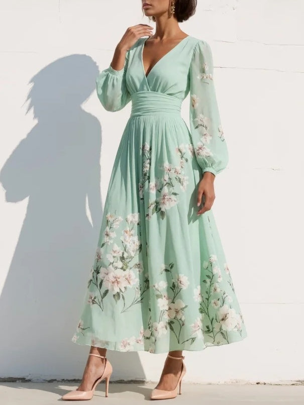 Anastasia™ | Vestido midi de gasa con escote en V y estampado floral verde claro