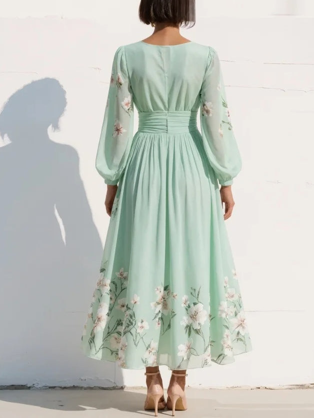 Anastasia™ | Vestido midi de gasa con escote en V y estampado floral verde claro