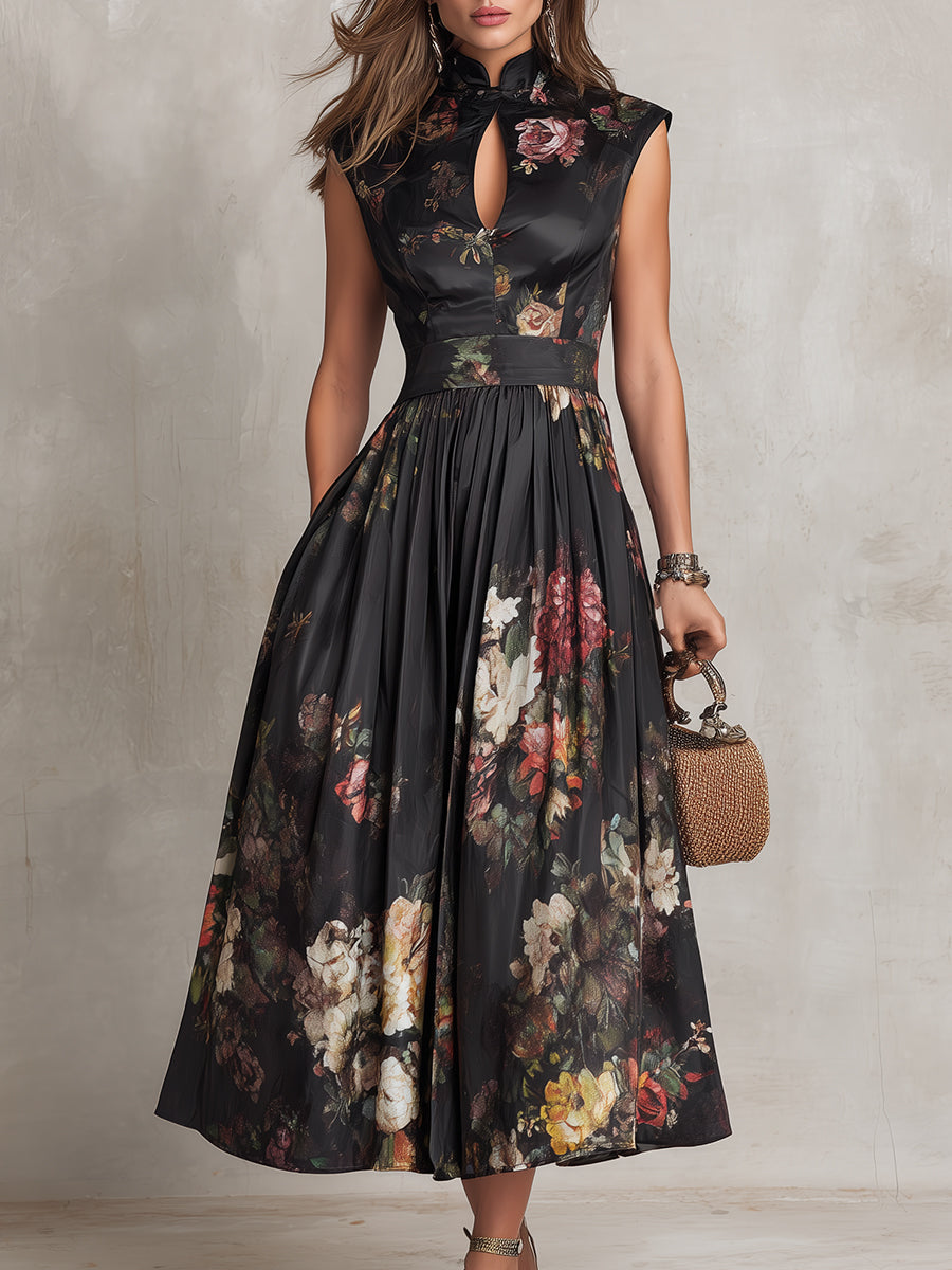 Rosie - Vestido Midi de Satén Plisado con Escote Keyhole en Negro