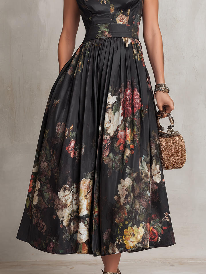 Rosie - Vestido Midi de Satén Plisado con Escote Keyhole en Negro