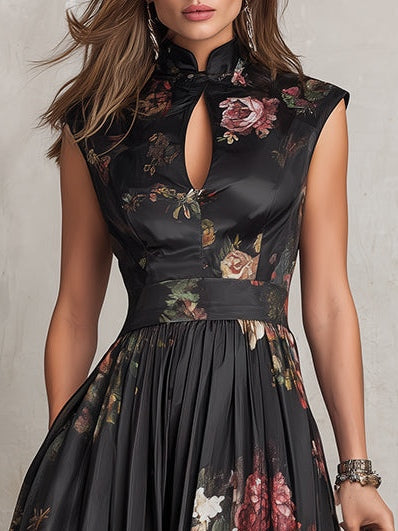 Rosie - Vestido Midi de Satén Plisado con Escote Keyhole en Negro