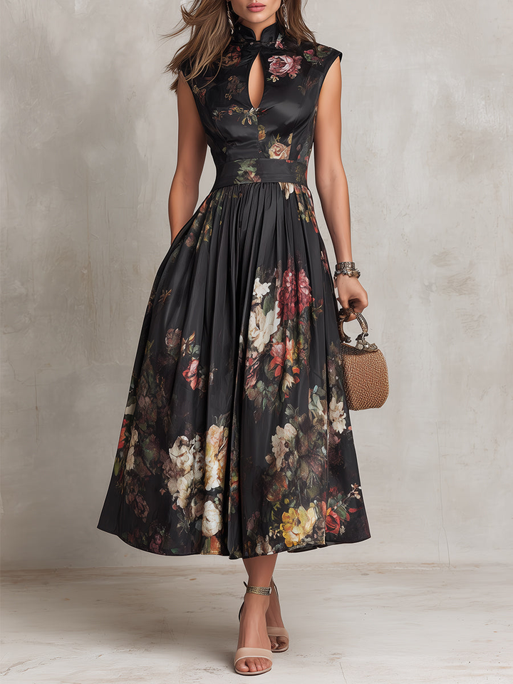 Rosie - Vestido Midi de Satén Plisado con Escote Keyhole en Negro
