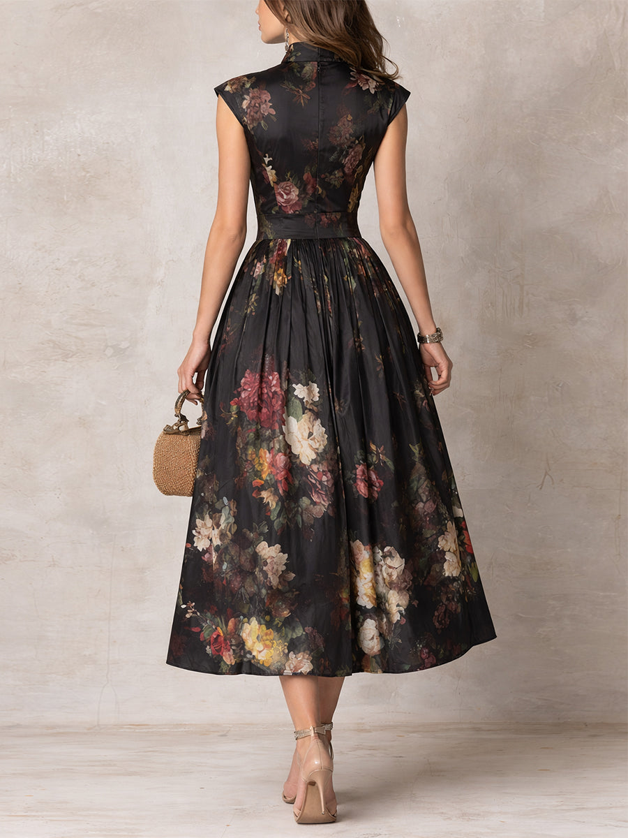 Rosie - Vestido Midi de Satén Plisado con Escote Keyhole en Negro