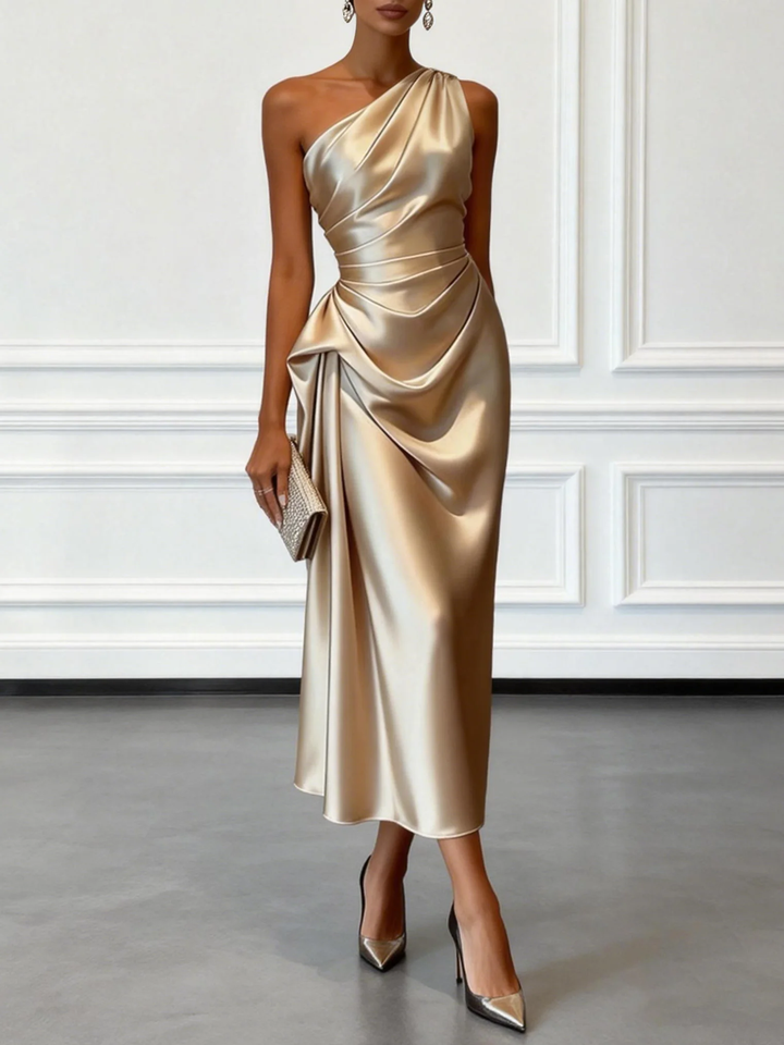 Caille - Vestido midi sin mangas de satén rizado color champán