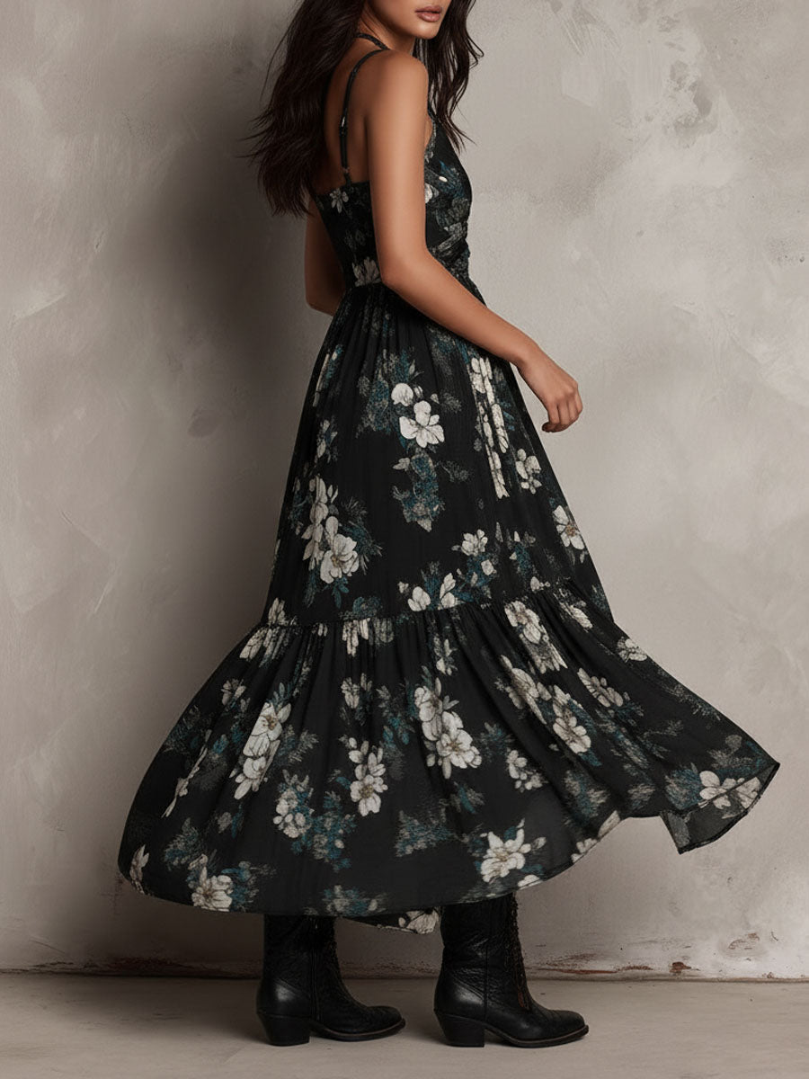 Avelinne - Vestido Floral Bohemio en Negro