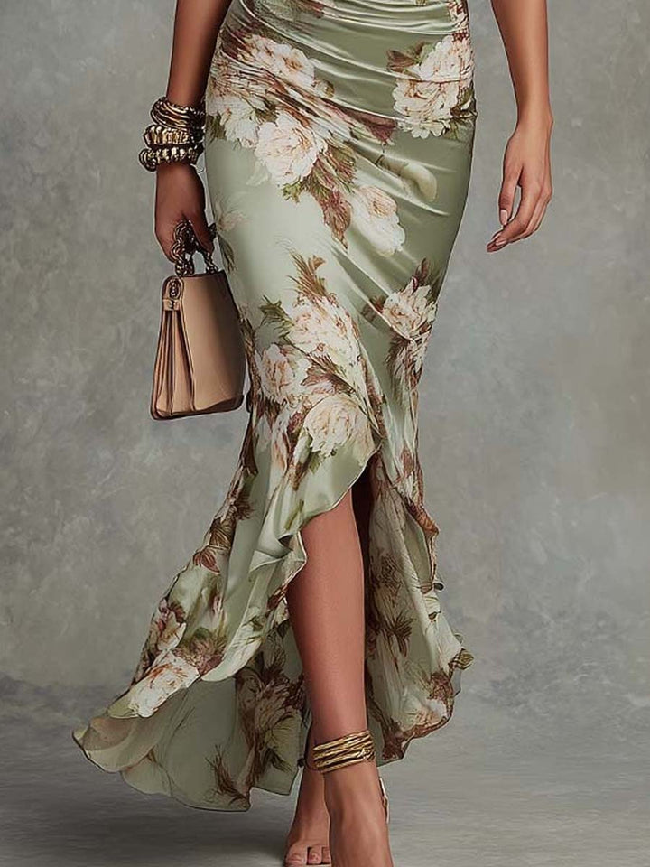 Anastasia | Vestido asimétrico largo verde de satén