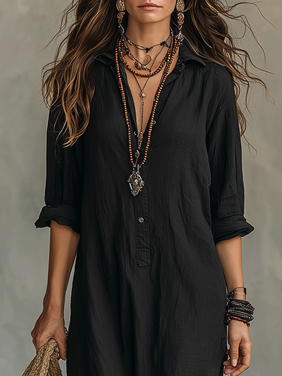 Vestido maxi bohemio negro con botones en la parte delantera
