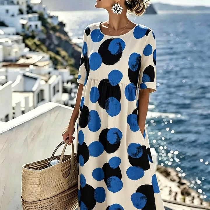Celeste™ | Vestido Midi de Lunares Marinos