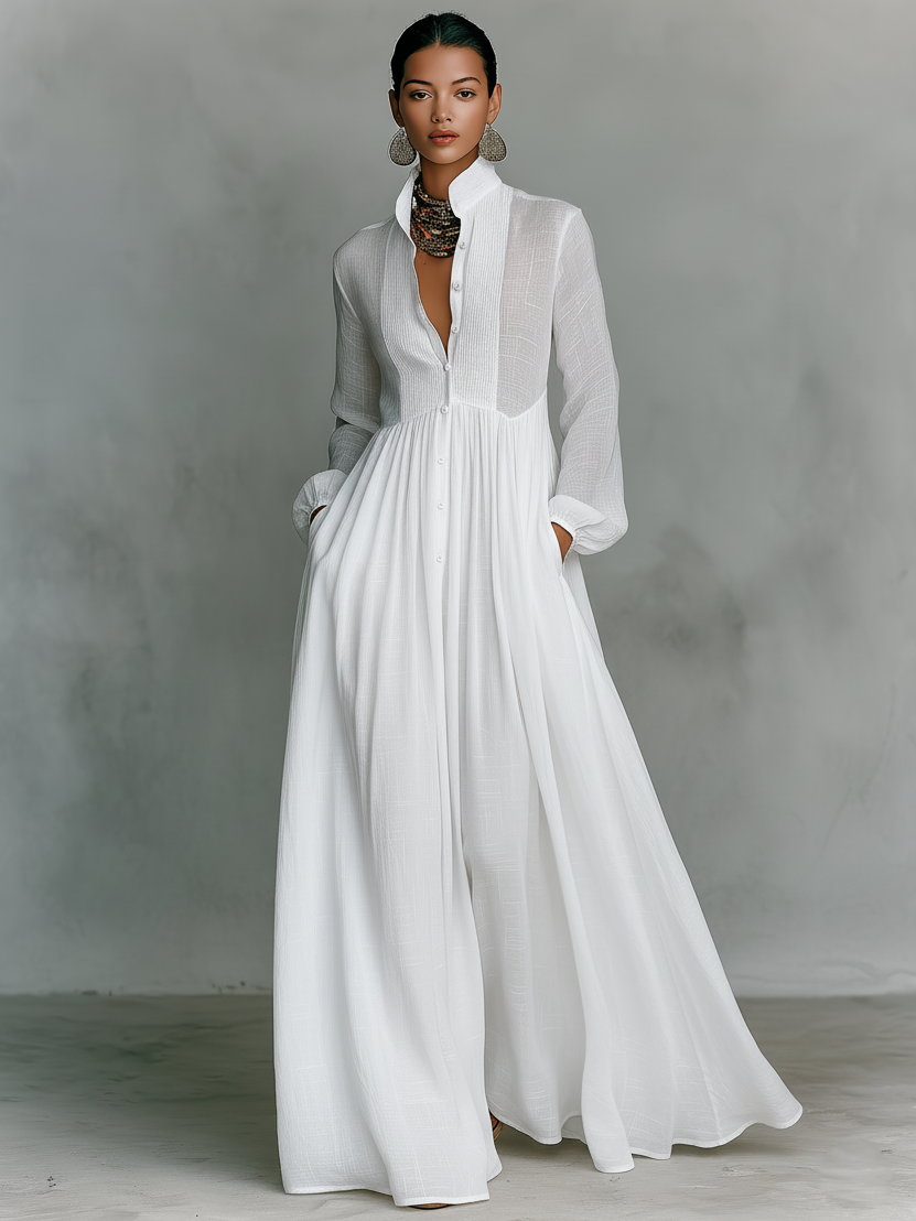 Maxi Vestido de Lino con Cuello Alto