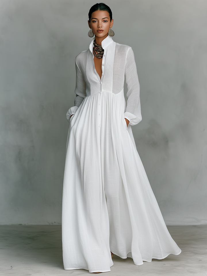 Maxi Vestido de Lino con Cuello Alto