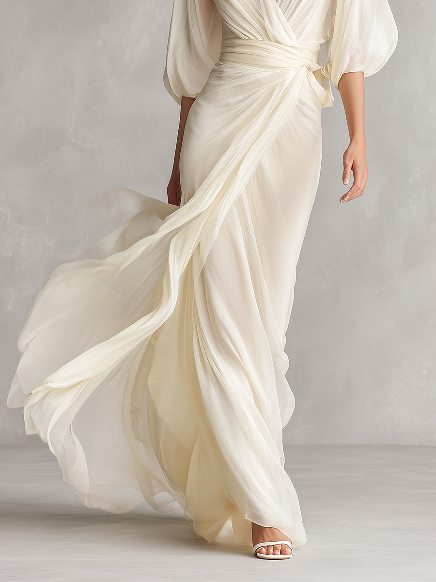 Sefa - Vestido de Gasa Transparente en Color Marfil