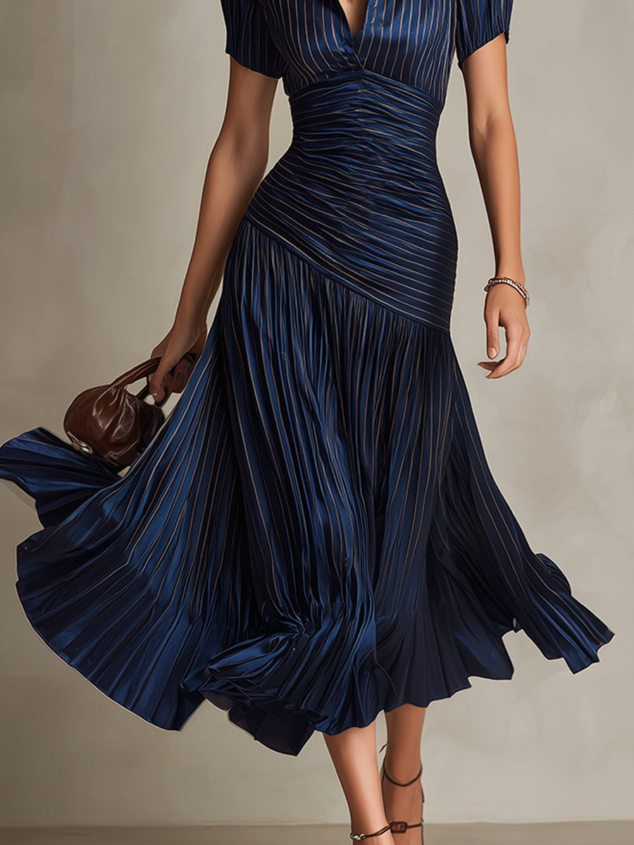 Adriana - Vestido Midi de Satén con Rayas Retro