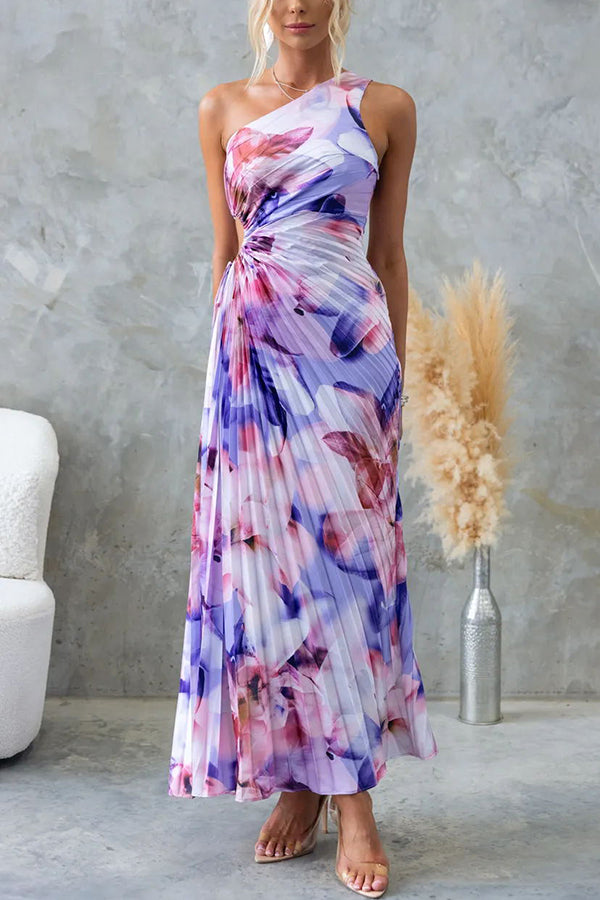 Deja - Vestido largo de un hombro con pliegues y estampado floral