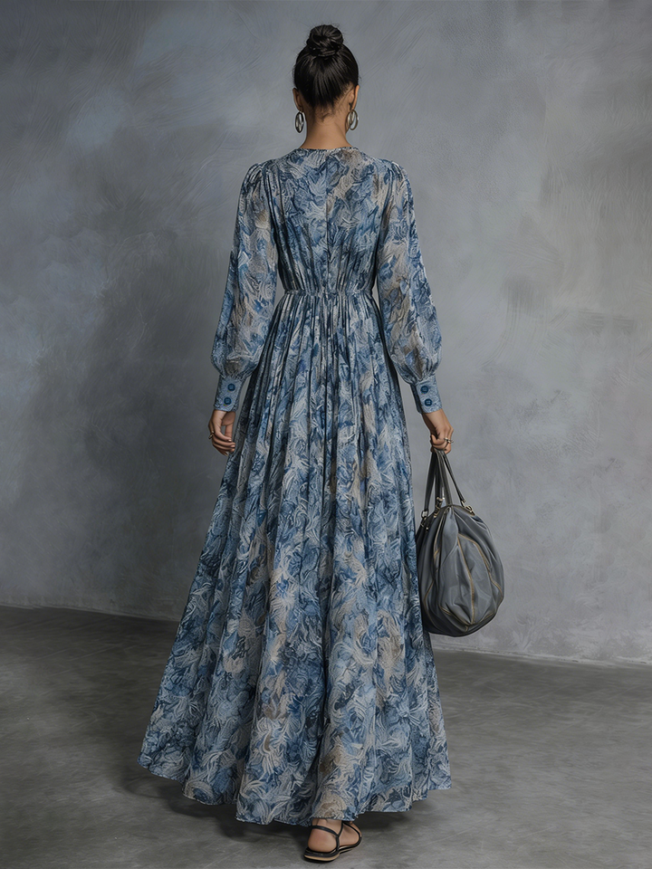 Grace - Vestido maxi de gasa bohemio con estampado floral azul