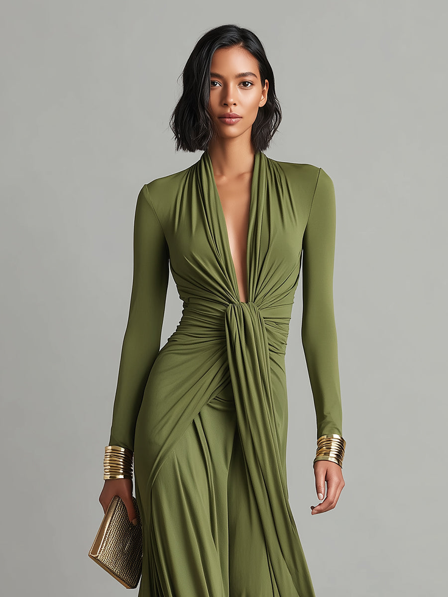 Maxivestido de seda verde oliva con escote en V