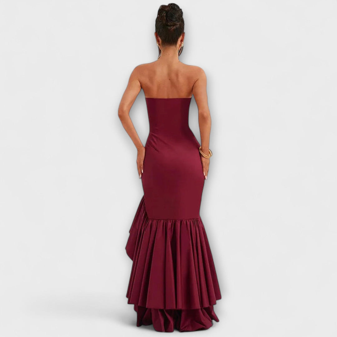 Zuri - Vestido maxi con hombros descubiertos y dobladillo asimétrico