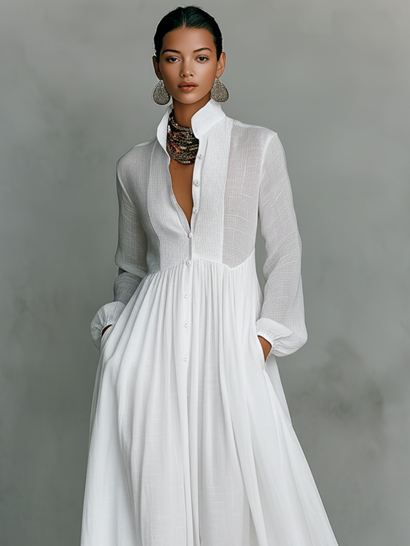 Maxi Vestido de Lino con Cuello Alto