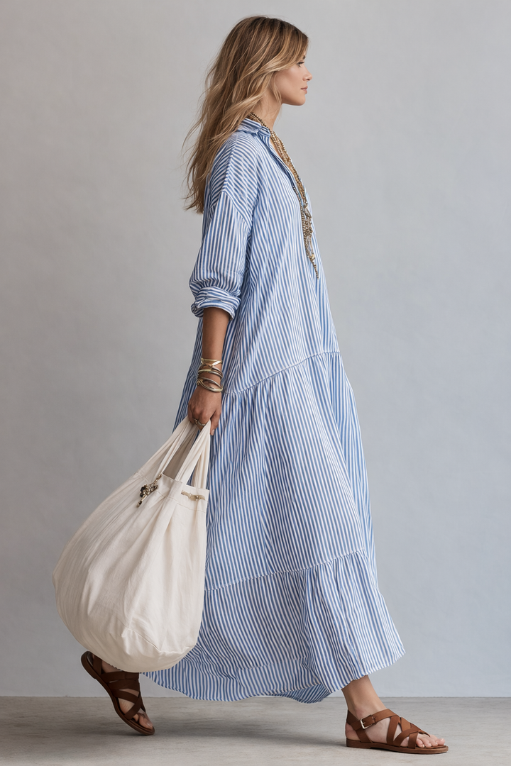 Vestido maxi de rayas azules de estilo camisero holgado