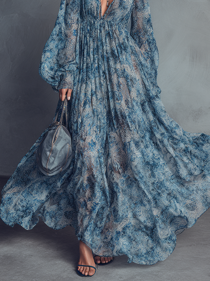 Grace - Vestido maxi de gasa bohemio con estampado floral azul