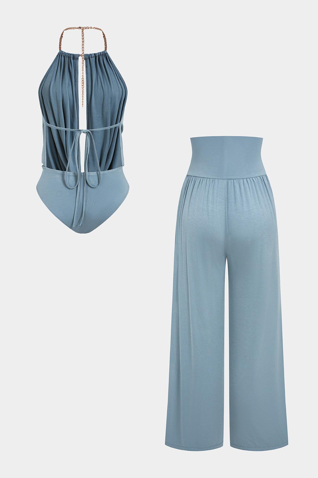 Conjunto Metálico de Pantalón de Pierna Ancha y Body Halter