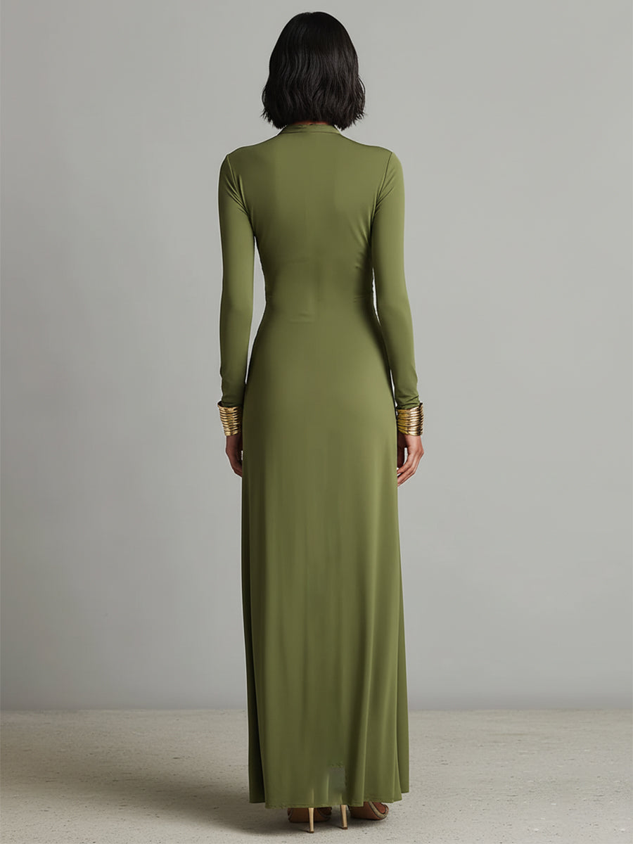 Maxivestido de seda verde oliva con escote en V