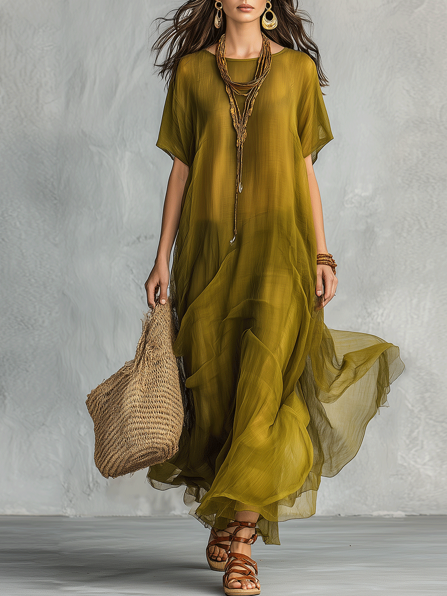 Vestido maxi bohemio verde oliva con silueta drapeada