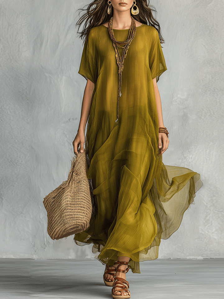 Vestido maxi bohemio verde oliva con silueta drapeada