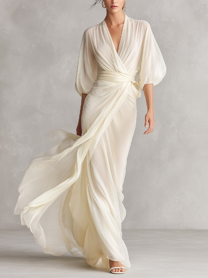 Sefa - Vestido de Gasa Transparente en Color Marfil