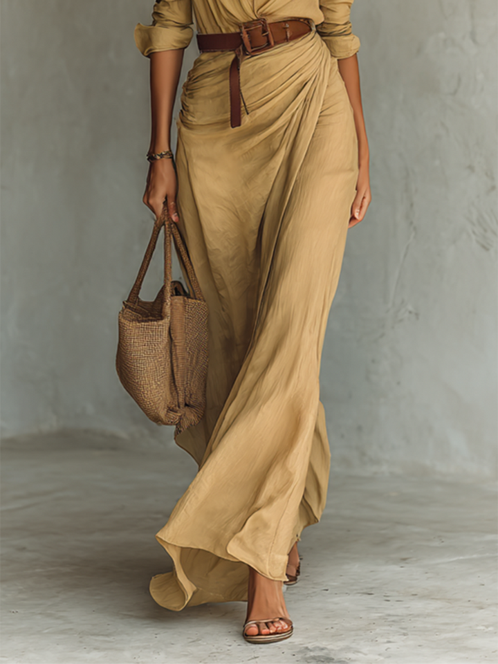 Maxi Vestido con Cuello en V y Mangas Largas