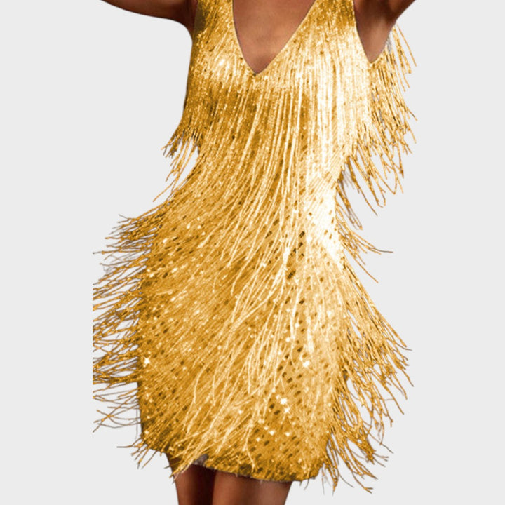 Tasa - Vestido mini brillante con flecos