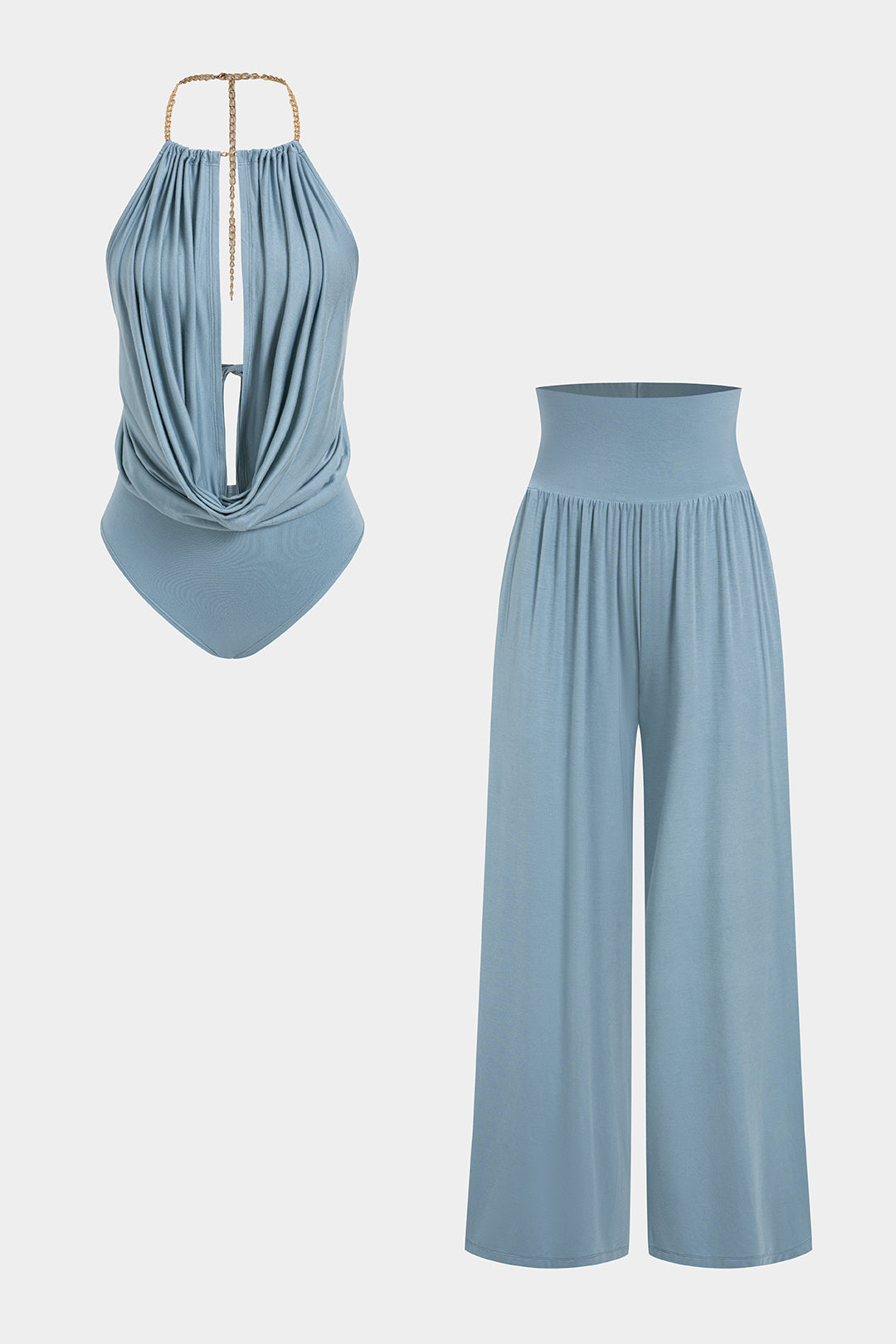 Conjunto Metálico de Pantalón de Pierna Ancha y Body Halter