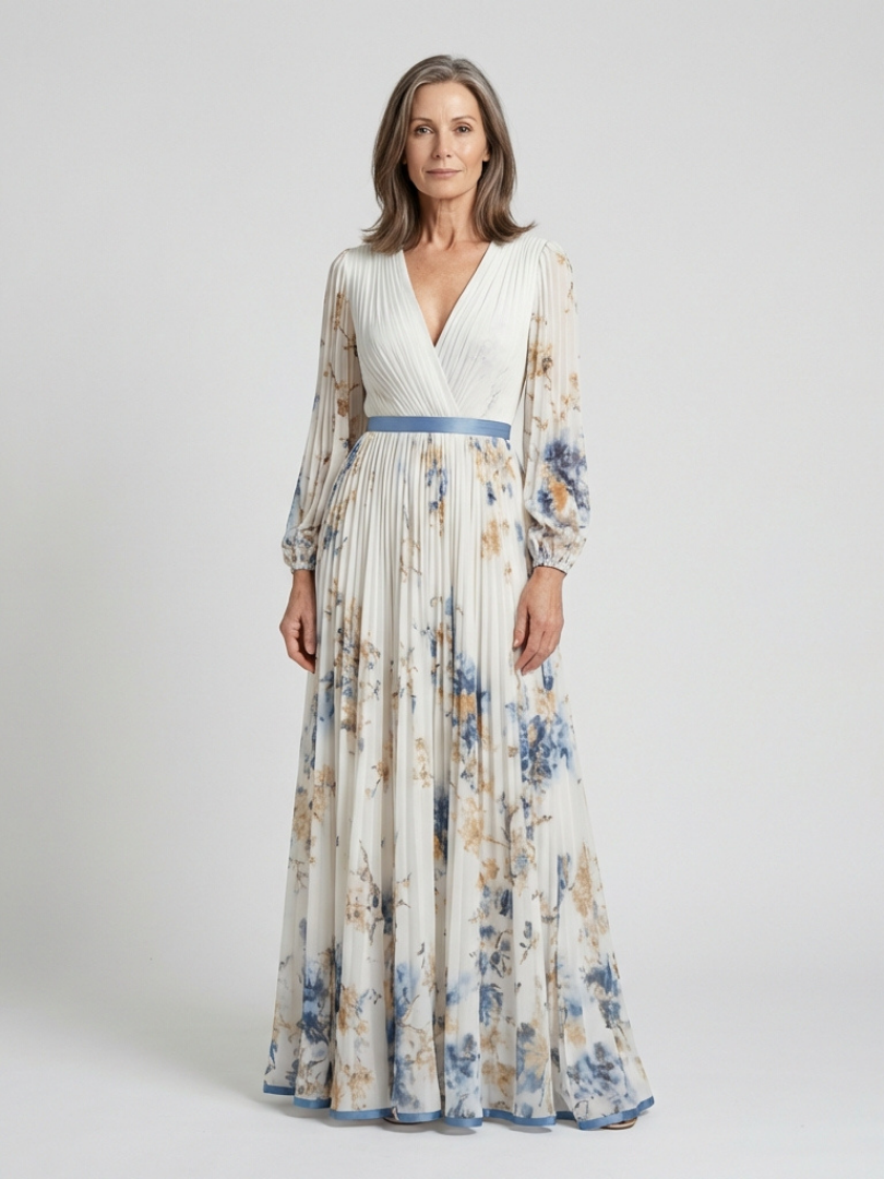 Lavinia | Vestido Maxi de Manga Larga con Escote en V y Diseño Floral